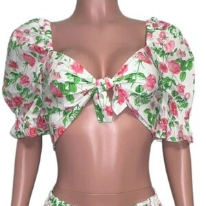Hill House Isabella pink roses front bust tie crop top size M